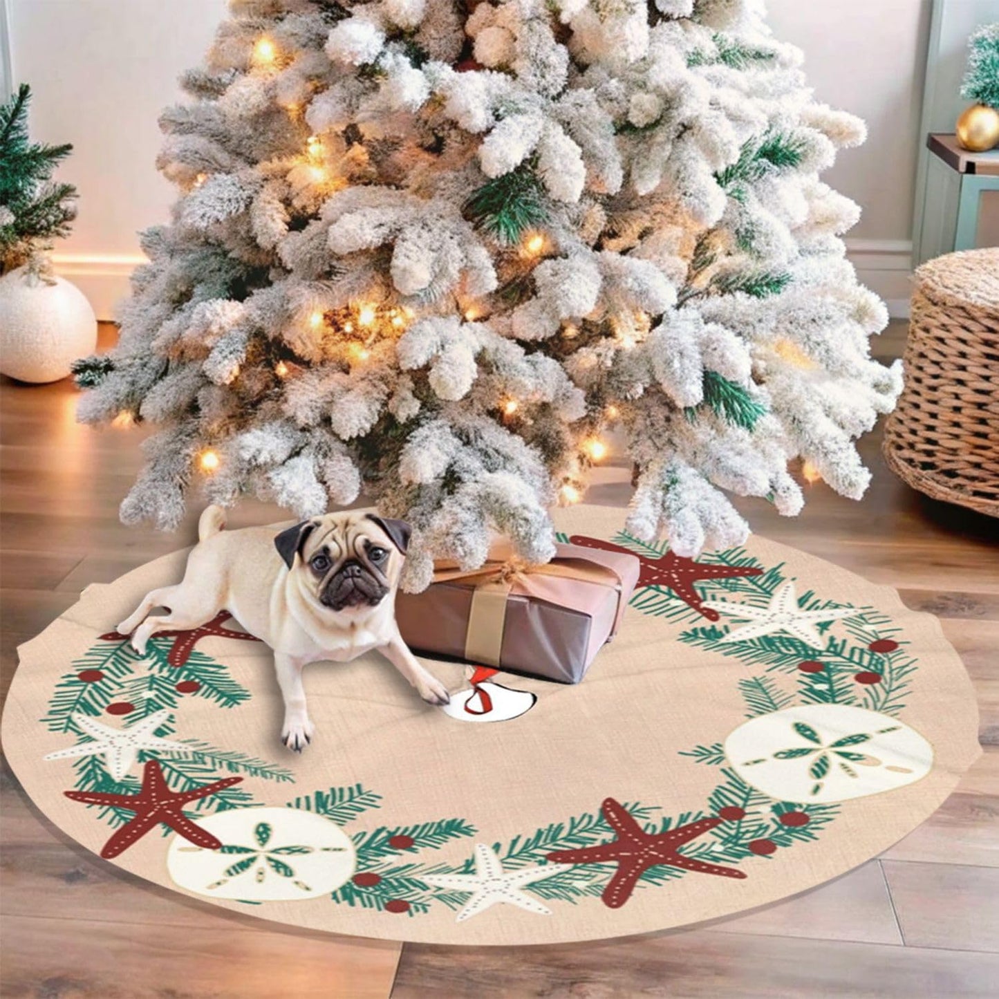 36" Large Christmas Tree Skirt, Coastal Rustic Beach Christmas Holiday Starfish Pattern Tree Mat Base Cover for Xmas Festive Holiday Party Decoration Ornaments