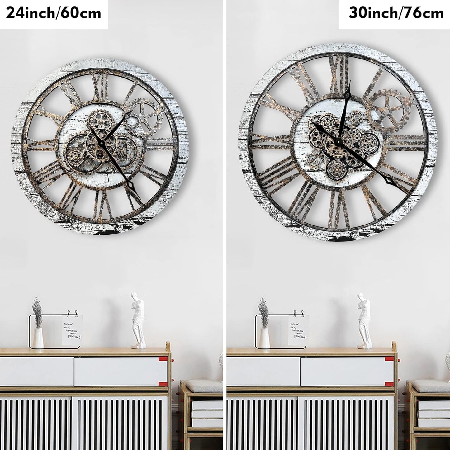 The B-Style Large Real Moving Gears Wall Clock 30 inch Rustic Retro Industrial Farmhouse Wood Clock Oversized Decorative Vintage Wall Clocks for Living Room (Gray White, 30 Inch/76CM)