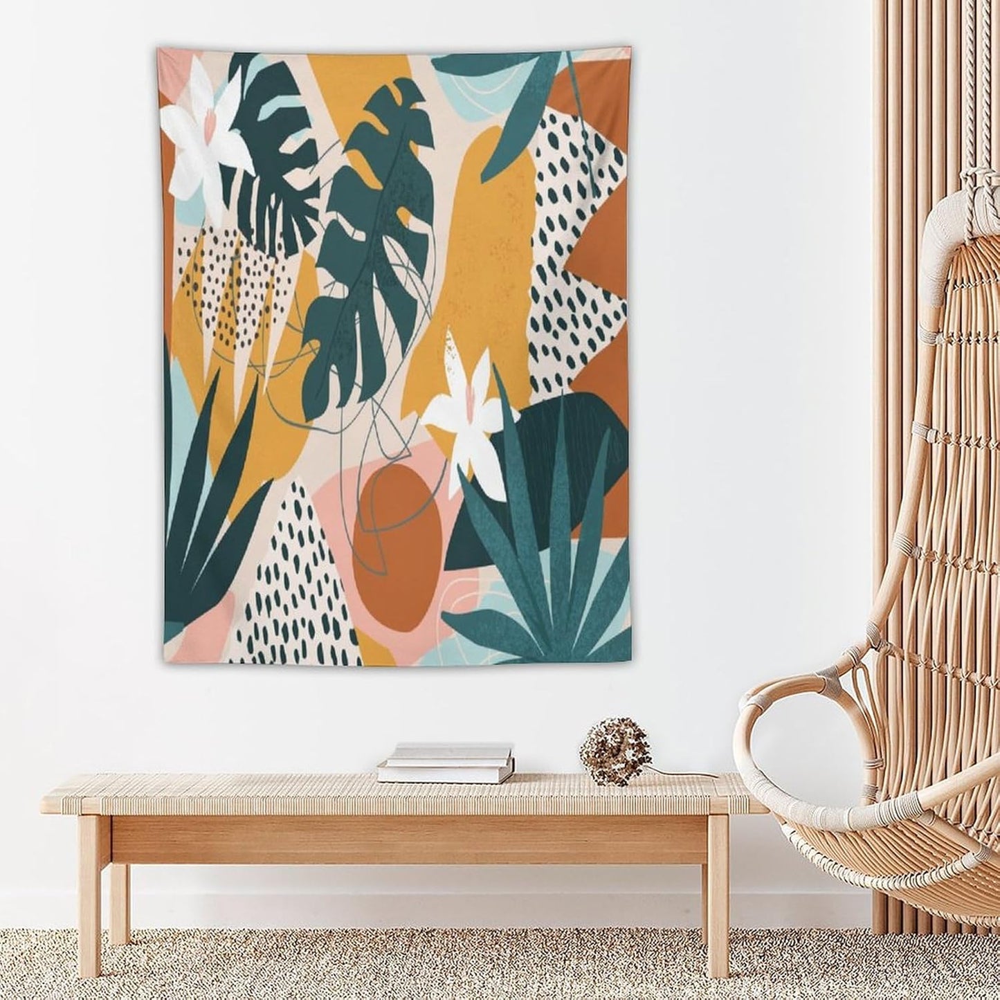 Abstract Bohemian Mid Century Tapestry, Tropical Leaves Modern Geometric Archway Minimalist Bohemian Botanical Aesthetic Wall Hanging, Sage Green Gold Home Decor Art for Bedroom 40x60 Inch