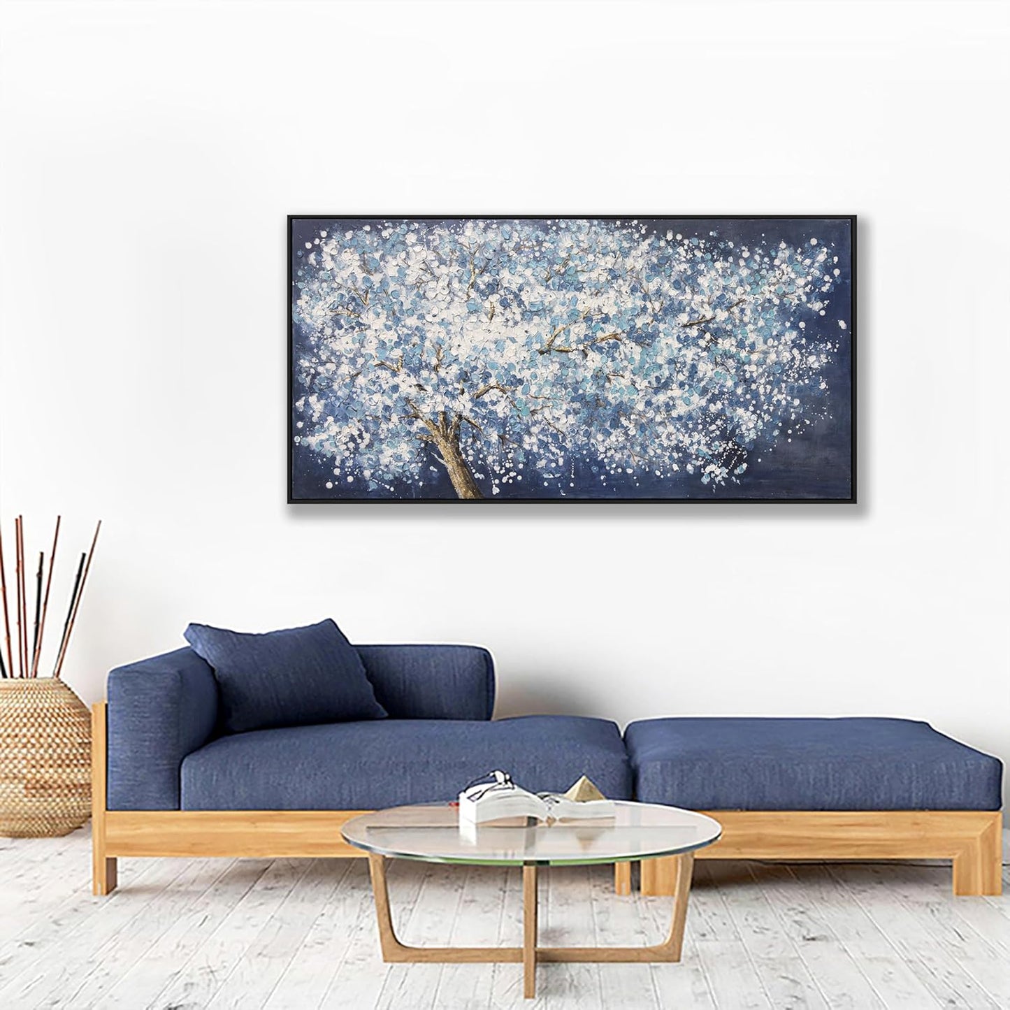 Wall Art Canvas Oil Painting Dark Blue And White Abstract Tree Plants Wall Decor Pictures Framed For Bedroom Canvas Wall Decorations Artwork For Living Room Dinning Room Home Office 20 X 40 Inch