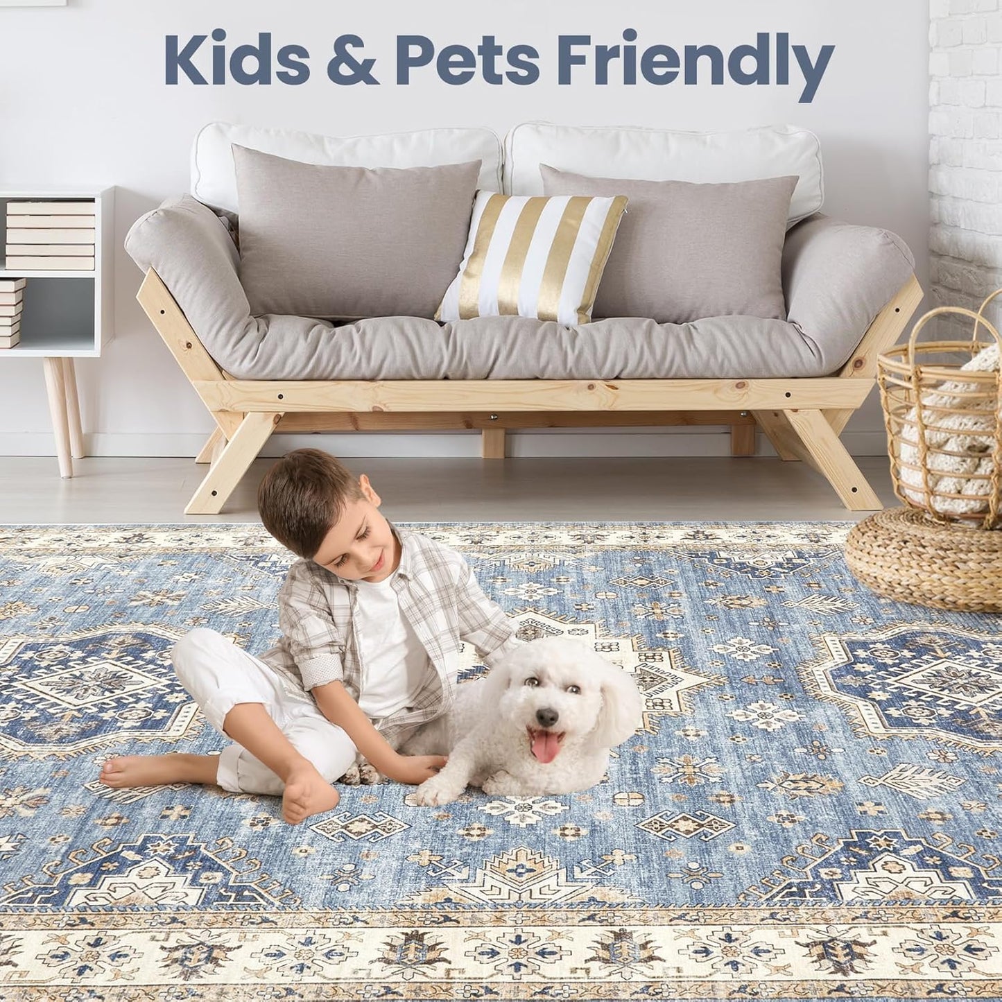 Washable Area Rugs for Living Room - 5x7 Neutral Vintage Distressed Floral Farmhouse Boho Large Soft Floor Rug Indoor Non Slip Carpet for Living Room Bedroom Dining Room Office - Blue