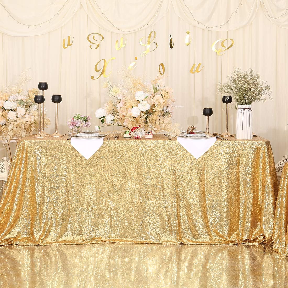 SquarePie Sequin Tablecloth 90 x 156 Inch Gold Sparkly Table Linen for Wedding Party