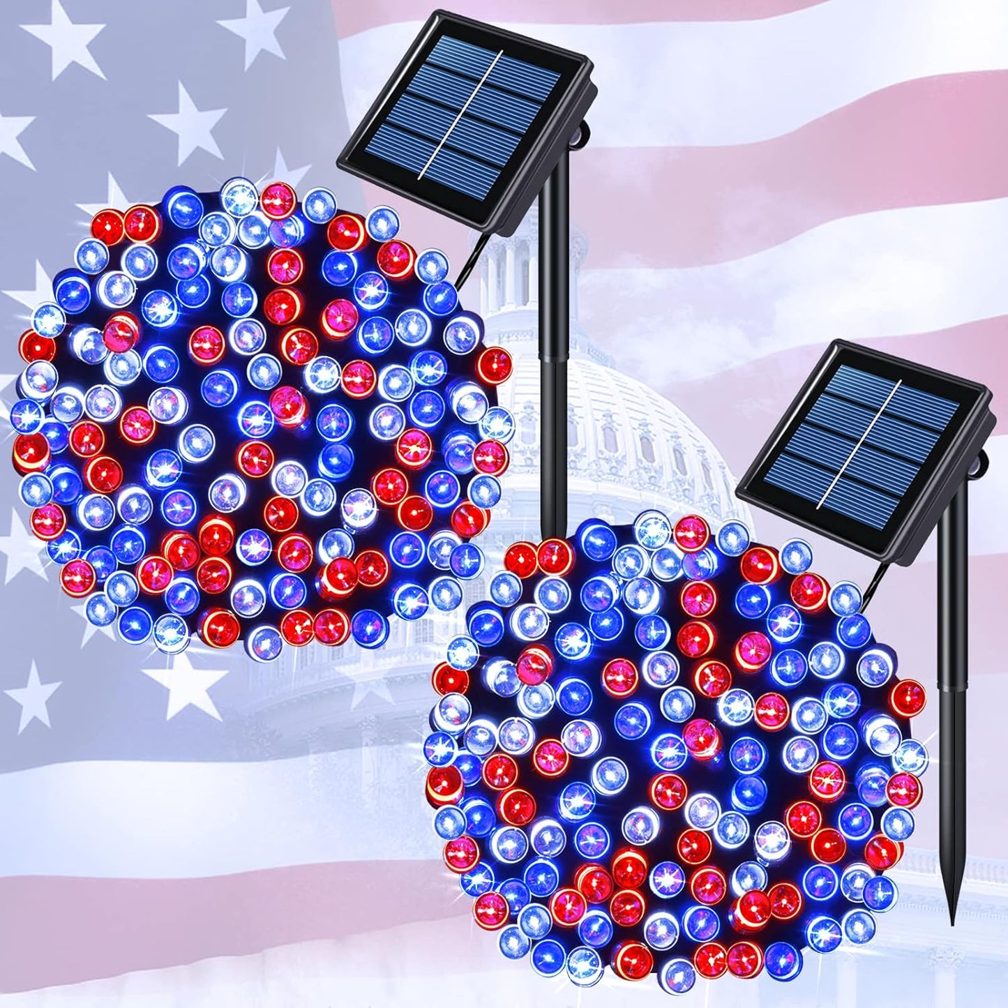 JMEXSUSS 2 Pack Red White and Blue Solar Lights 100LED 33ft Patriot Solar String Lights Waterproof, 8 Modes 4th of July Lights for Independence Day, Gardens, Tree, Outdoor 4th of July Decorations