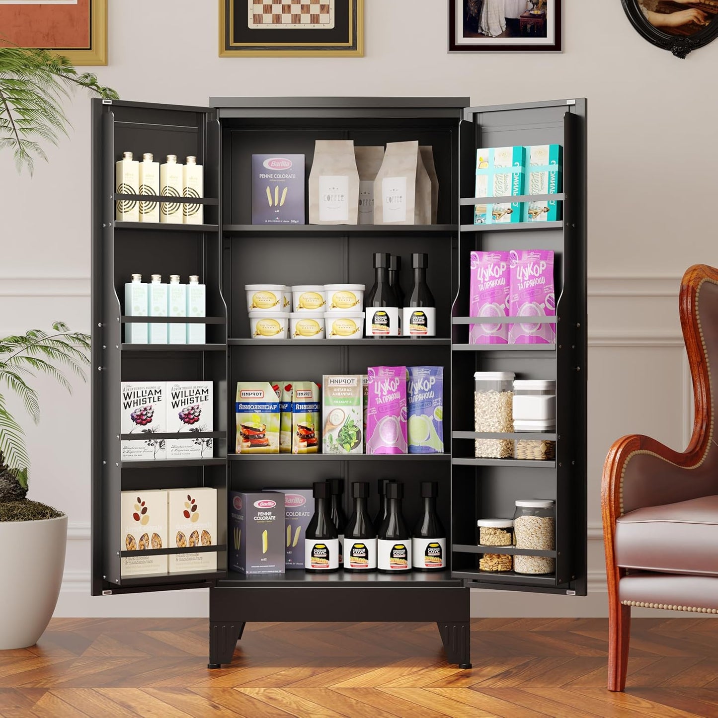 51" Metal Kitchen Pantry Cabinet, Storage Cabinets with 2 Door and 3 Adjustable Shelves, Black Freestanding Food Storage Cabinet, Steel Cupboard for Kitchen Dinning Room