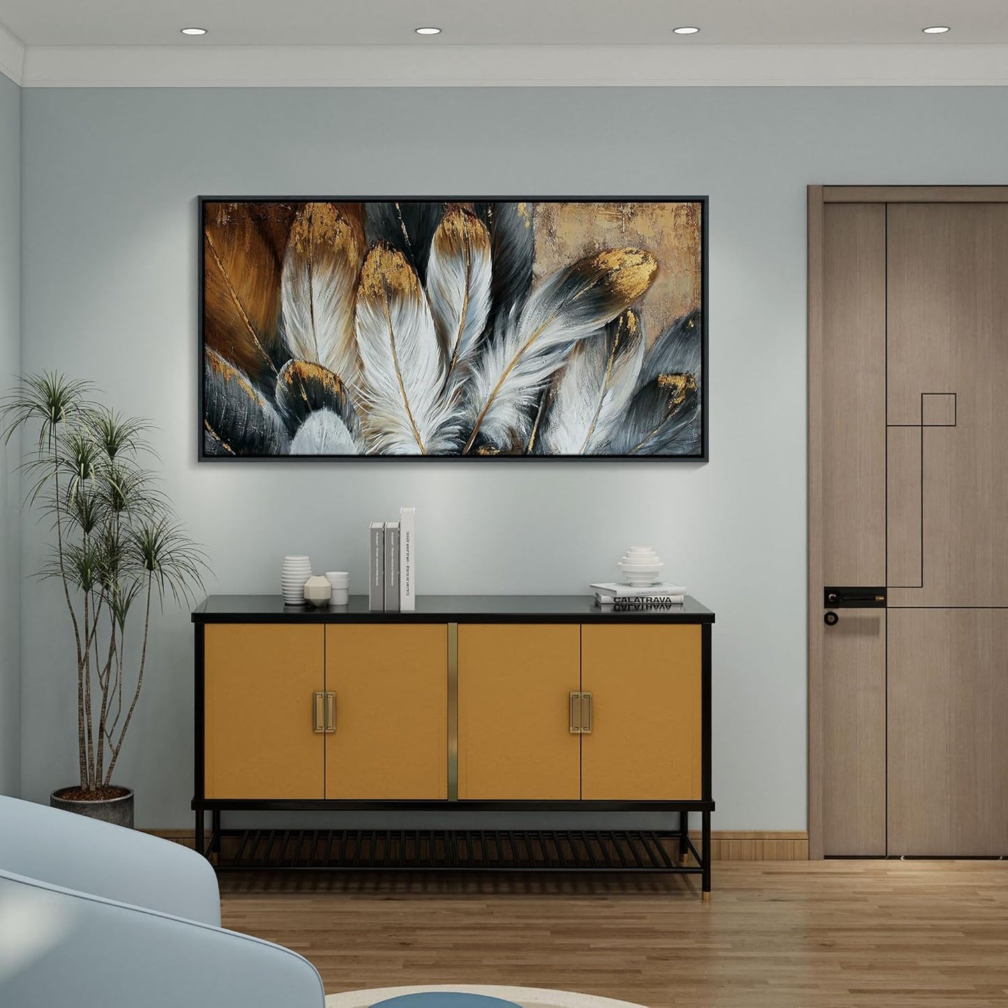 Framed Feather Canvas Wall Art Modern Living Room Bedroom Wall Decoration Large Canvas Painting Artwork for Home Decor White Gold Brown Feather Picture 24x48 Size