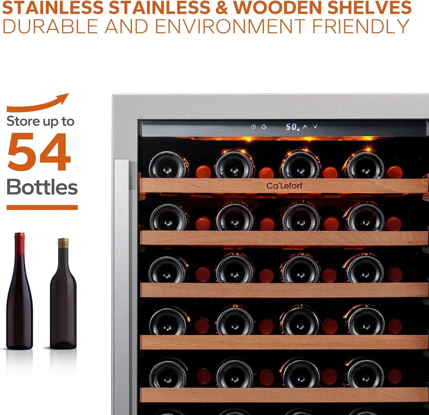 Ca'Lefort 24 Inch Wine Fridge, 54 Bottle Wine Cooler Refrigerator, 40-65°F Wine Refrigerator Glass Door, 3 LED Wine Fridge, Built-in or Freestanding Wine Fridge for Home/Bar/Kitchen (5.65 cu.ft)