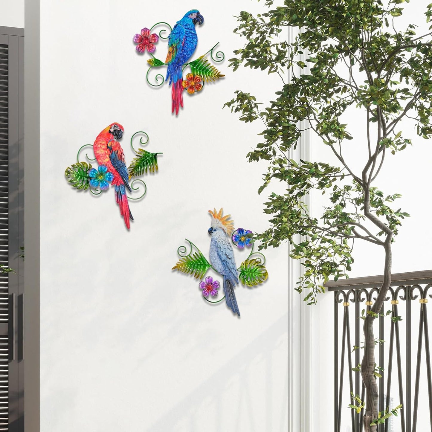 Yonivexis Metal Birds Wall Art Decor 3D Colorful Birds Sculpture Parrot Outdoor Hanging Decor Bird Wall Art Decorations Fence Patio Balcony Living Room, Style 5