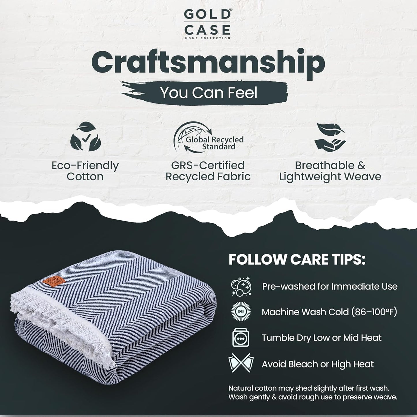 Gold Case Throw Blanket for Bed – 100% Recycled Turkish Cotton Bed Blanket – Decorative Throw Cotton Blankets for Living Room & Bedroom – Woven Twin Blankets - 71x90 - Navy Blue