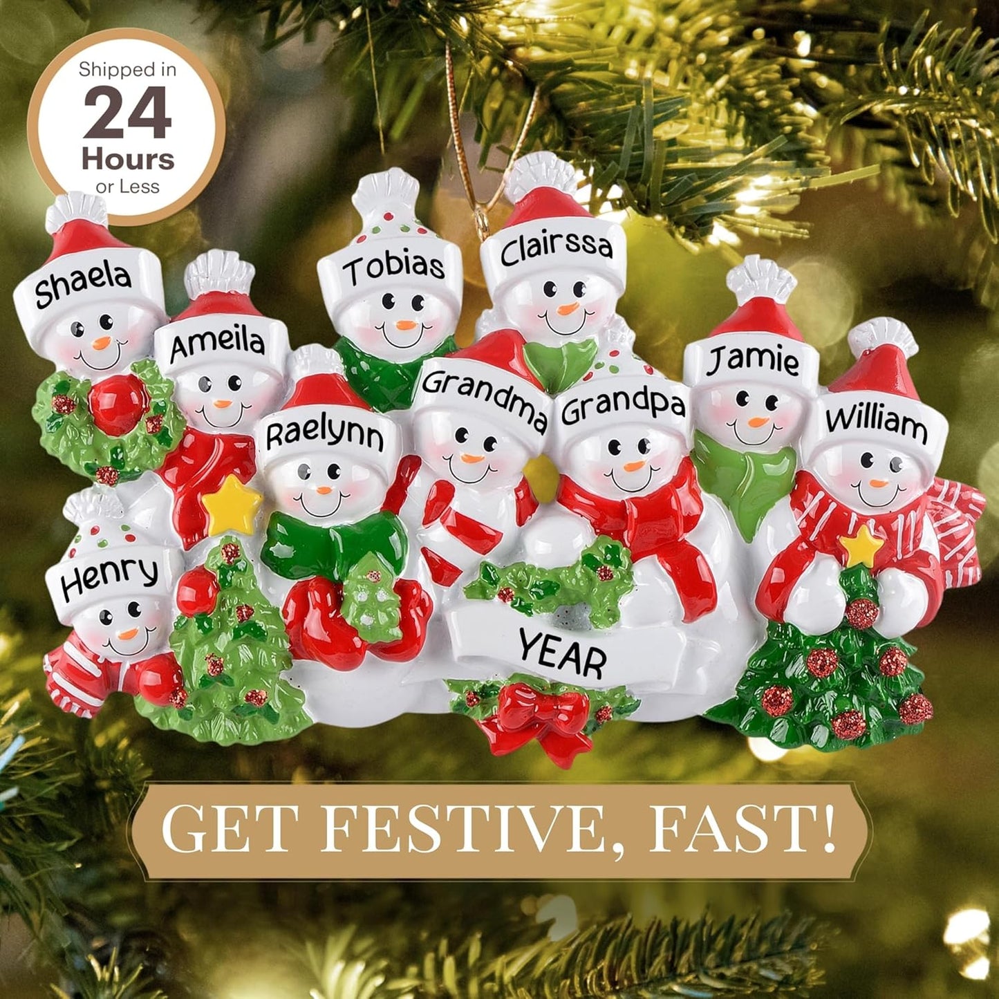 Personalized Large Family of 10 Ornament 2025 | Free 24h Customization | Laser Engraved Snowman Christmas Ornaments for Tree | Custom Gift Wrapped Festive Holiday Keepsake for Ten Persons