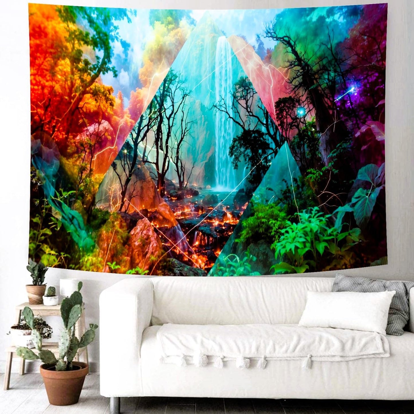 Delur Forest Tapestry Waterfall Mountain Rainforest Sunset Nature Tree Tapestry Wall Hanging Scenic Tropical Landscape Natural Sunrise Headboard for Bedroom Living Room Home Decor (51.2" x 59.1")