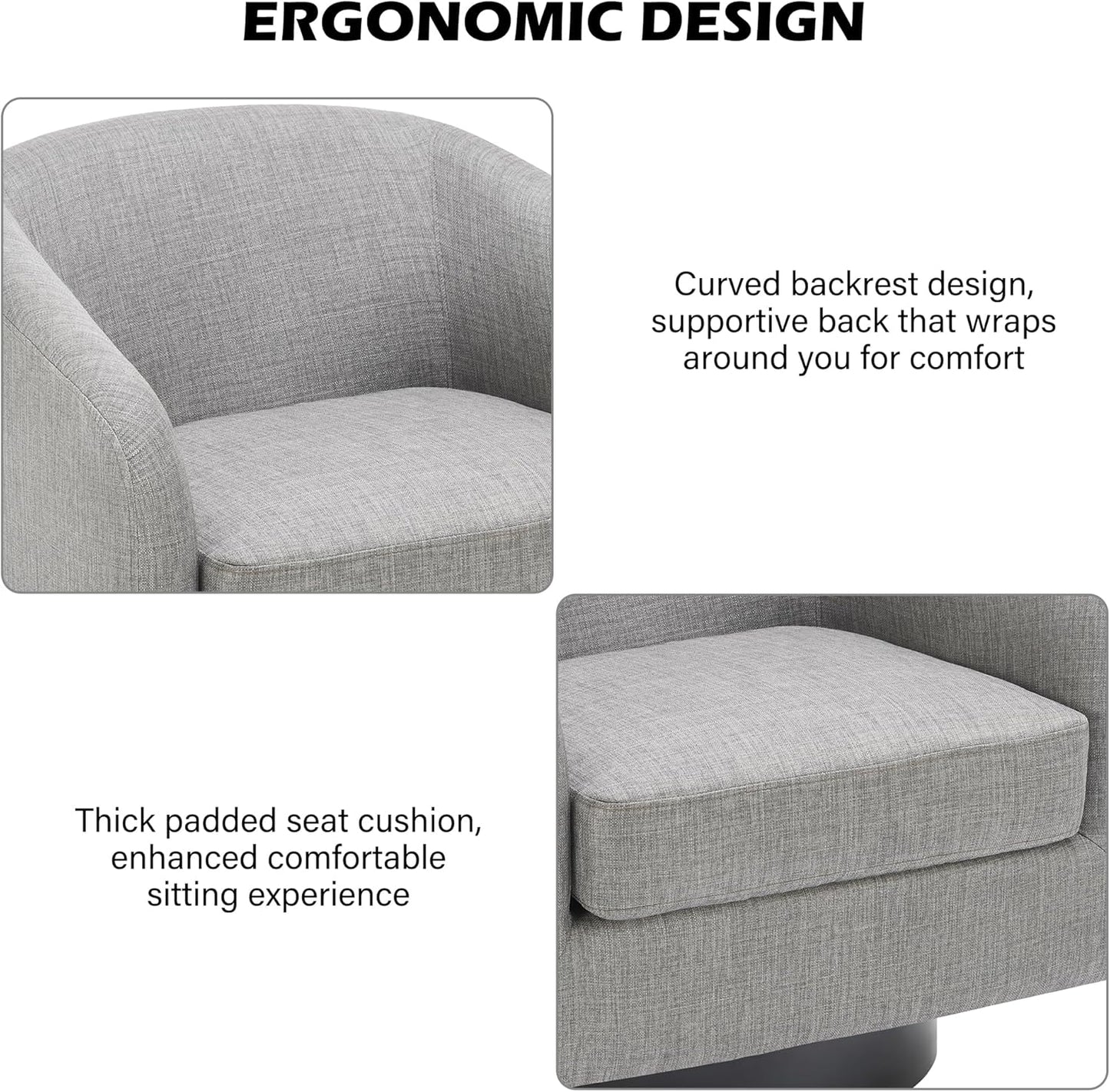 Swivel Barrel Accent Chair, Modern Round Linen Arm Chair for Living Room, Bedroom, Comfy Club Reading Chairs for Adults（Linen Fabric, Light Grey, Set of 1