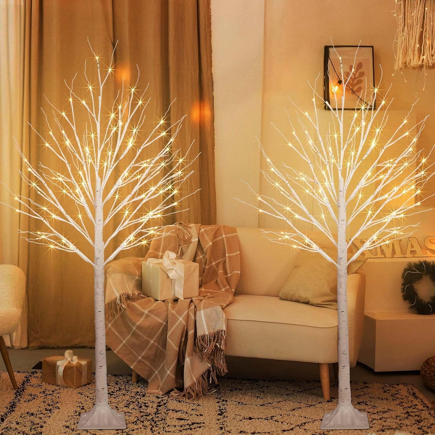 2 Pack 5FT 200LED Christmas Lighted Birch Tree, Timer Function Prelit Artificial Tree Lamp Plug in with Warm White Lights, 2 Modes Twinkling Twig Trees for Indoor Outdoor Party Christmas Decorations