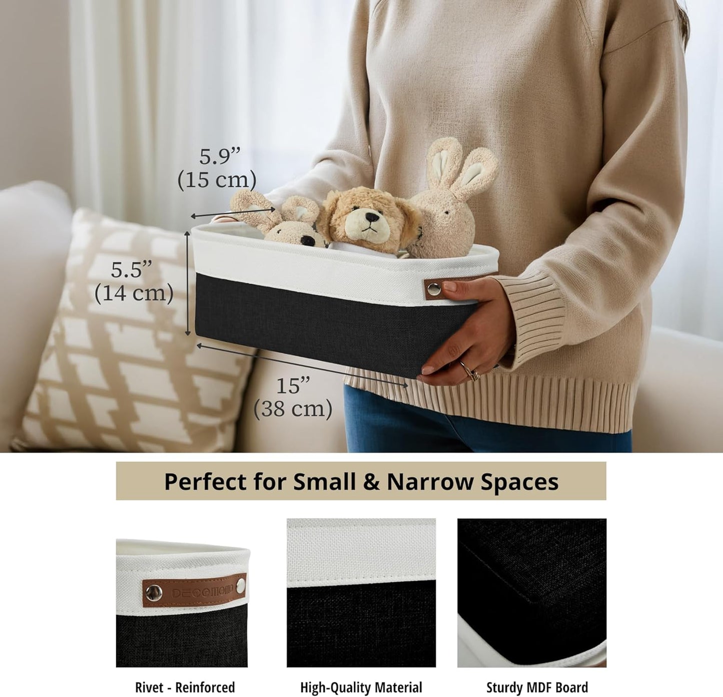 DECOMOMO Narrow Storage Bins Small Baskets for Organizing Bathroom, Toilet Tank, Towel Storage, Entryway, Gifts (Black and White - Set of 4)