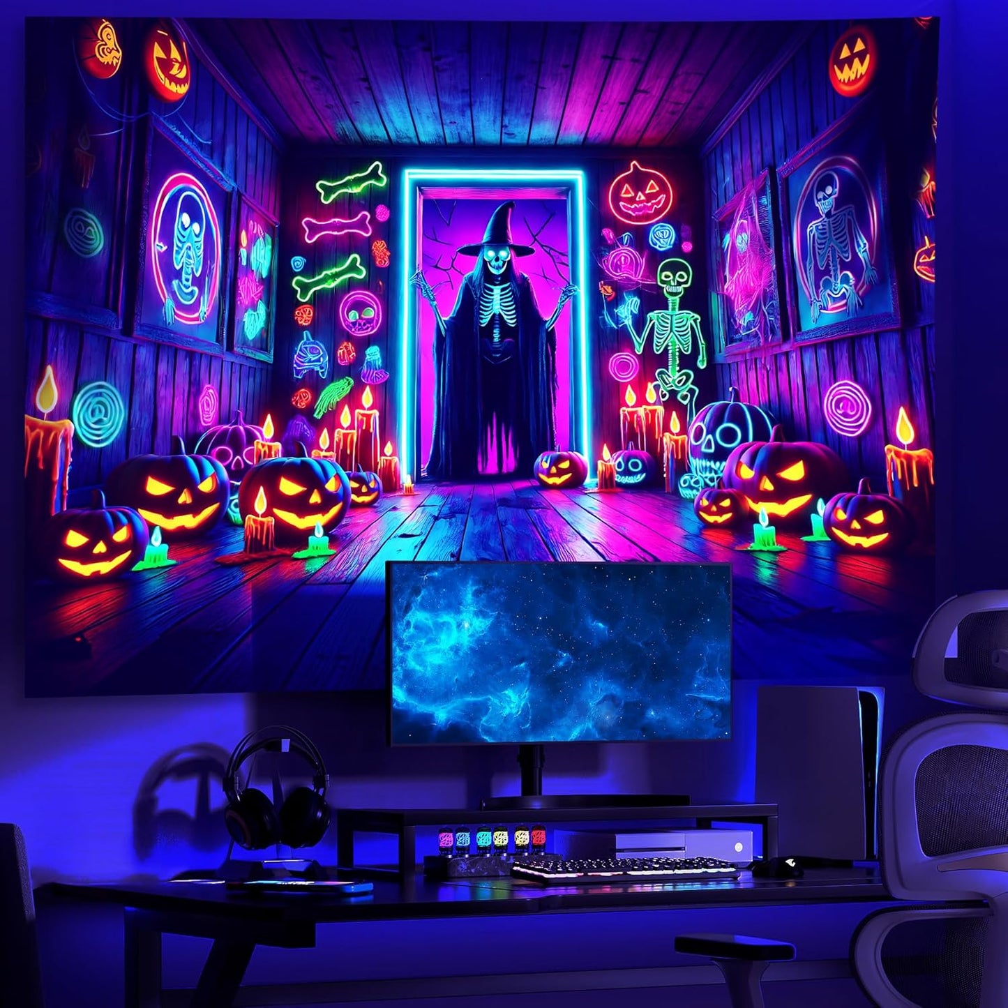 AOHMPT Glow-in-the-Dark Halloween Tapestry - UV Reactive Black Light Wall Hanging Decor for Spooky Parties, Bedroom, Living Room (Witches, 79L x 59W, Unframed)