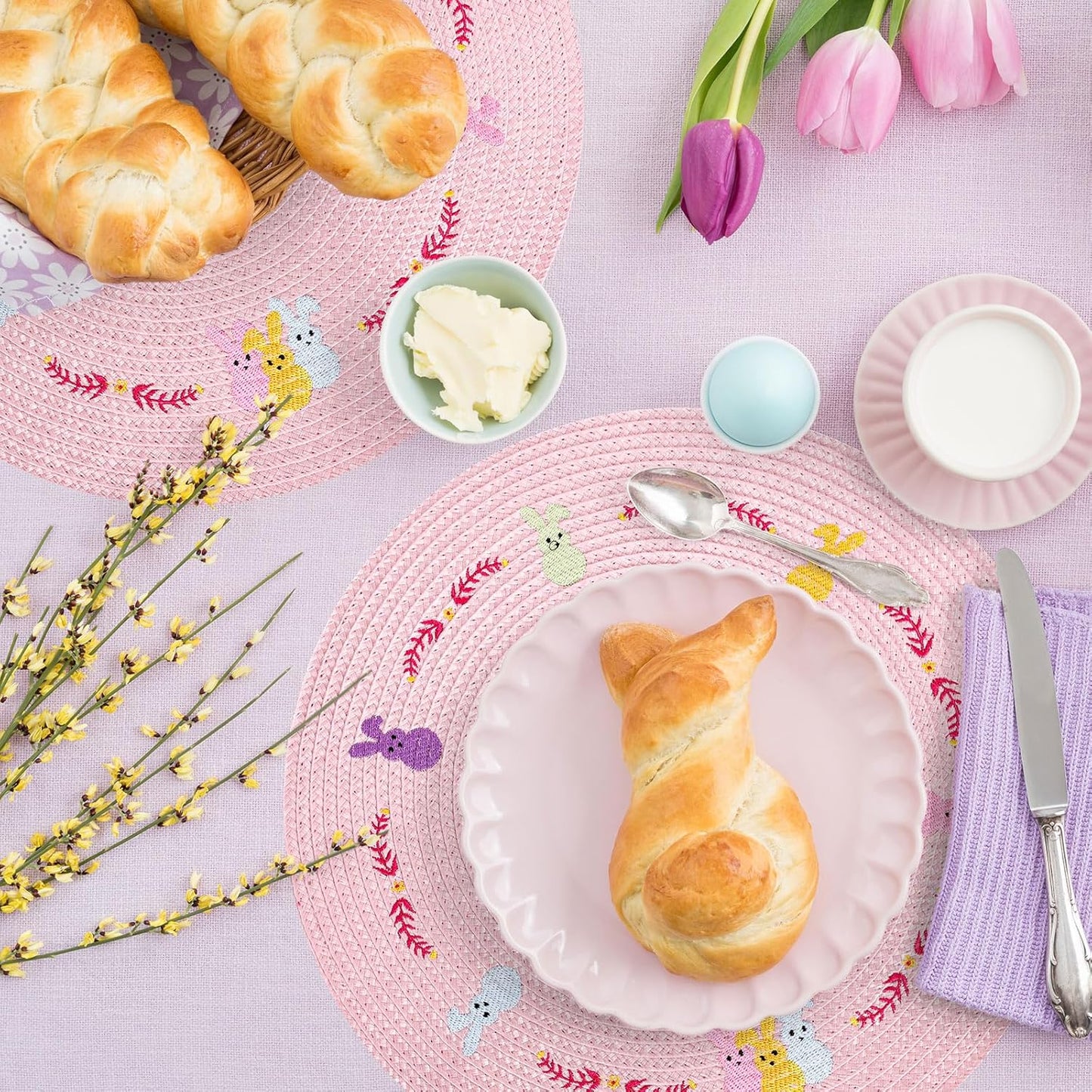 Whaline 4Pcs Round Bunny Easter Placemats Pink Rabbit Embroidered Place Mats Spring Cute Rabbit Dinner Table Mat Easter Dining Kitchen Table Mats for Home Wedding Baby Shower Birthday Party Decor