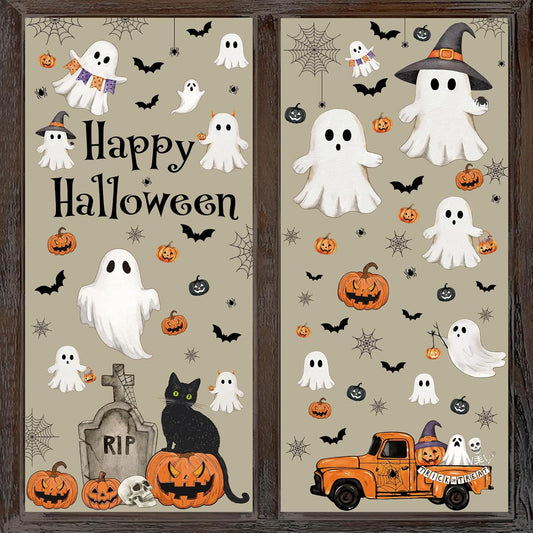 Vintage Halloween Window Clings 6 Sheets, Large Retro Spooky Ghost J-O-Lantern Pumpkin Reusable Window Decals Stickers for Home Halloween Party Decorations Supplies (Ghost)