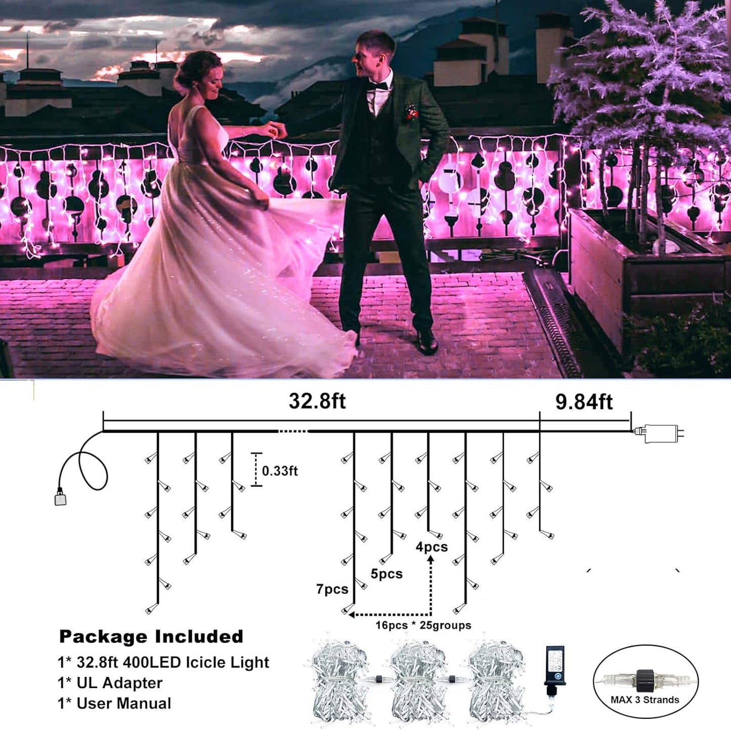 Icicle Lights for Outside, 33FT 400 LED Christmas Lights Outdoor Indoor with 8 Modes 75 Drops, Waterproof Plug in Curtain Twinkle String Light for Home Roof Yard Window Patry Wedding Decor, Pink