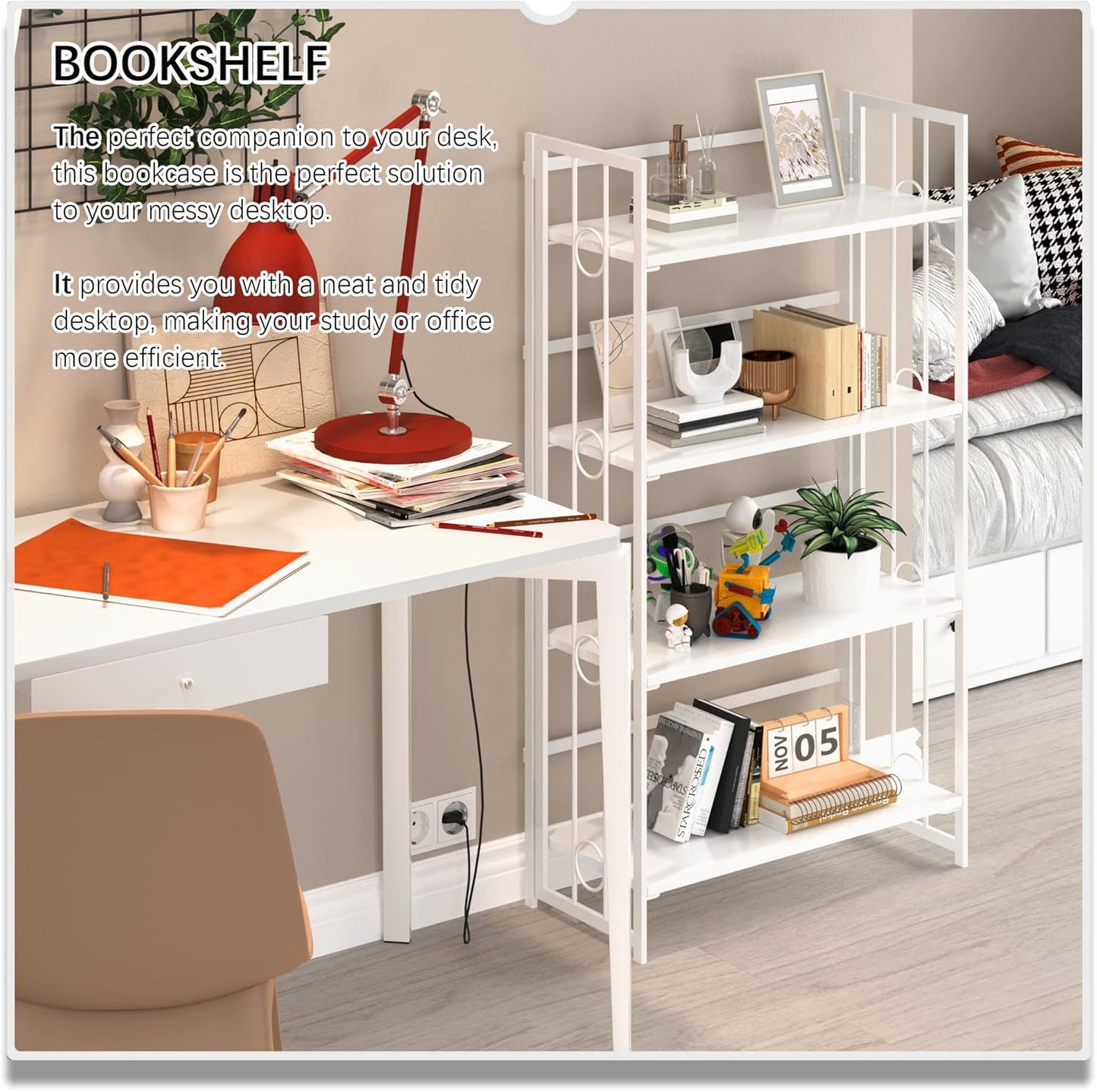 4NM No Assembly 4 Tiers Folding Bookshelf, 47.2" H Foldable Storage Shelves Vintage Bookcase Standing Racks Study Organizer Home Office - All White