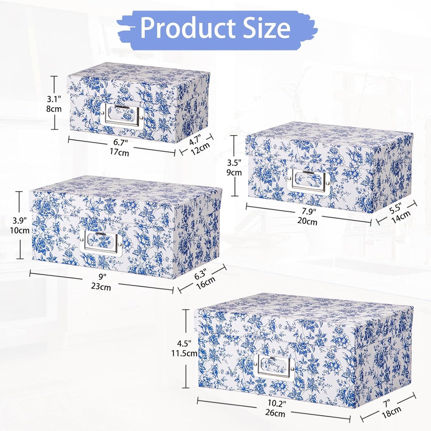 Briful Blue and white Porcelain Storage Boxes, Photos Storage Boxes with Lids 4 in 1 Set Water-proof Gift Boxes Sets Decorative Multiple Size Storage Bins for Clothes/Shoes/Office/Cosmetic/Books