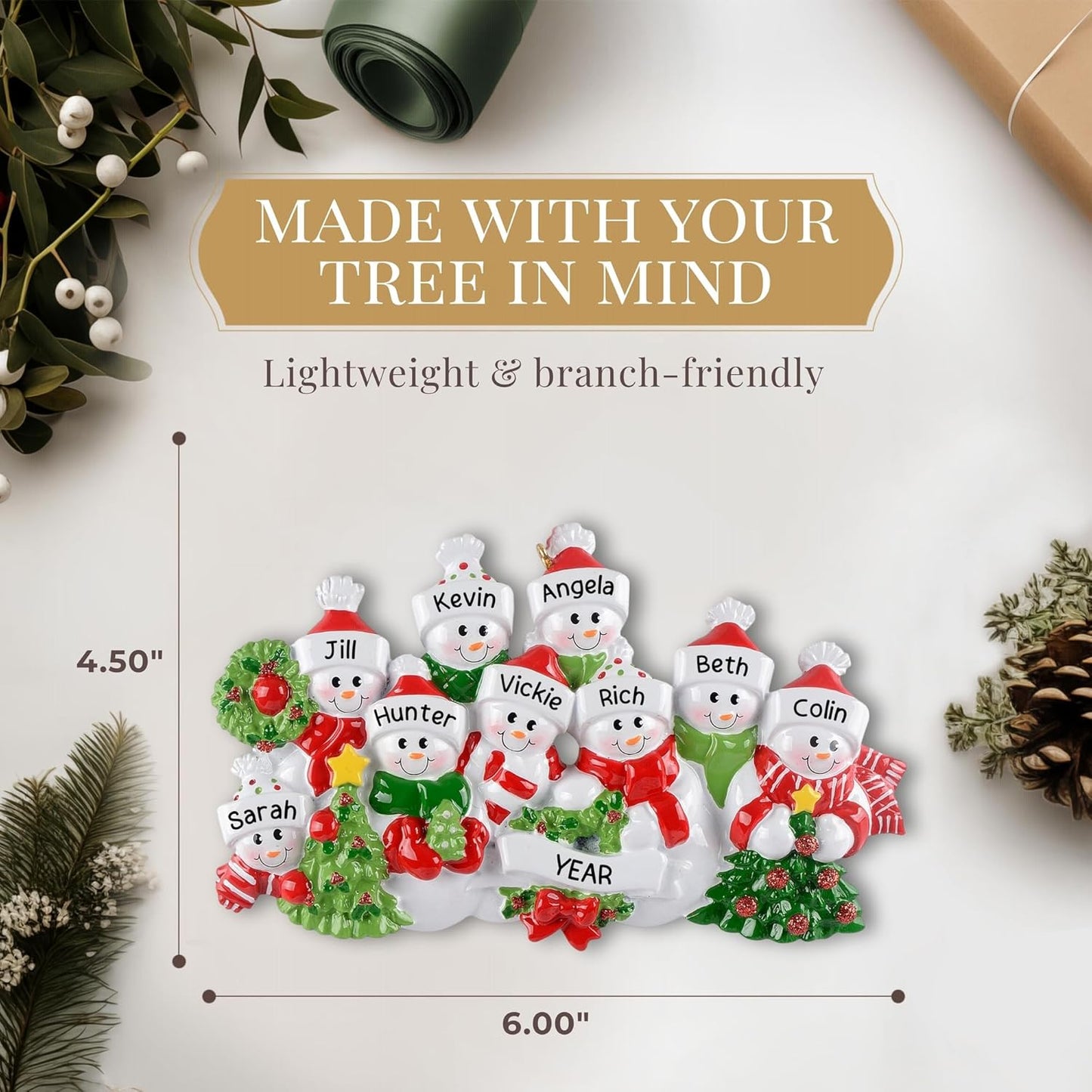 Personalized Large Family of 9 Ornament 2025 | Free 24h Customization | Laser Engraved Snowman Christmas Ornaments for Tree | Custom Gift Wrapped Festive Holiday Keepsake for Nine Persons