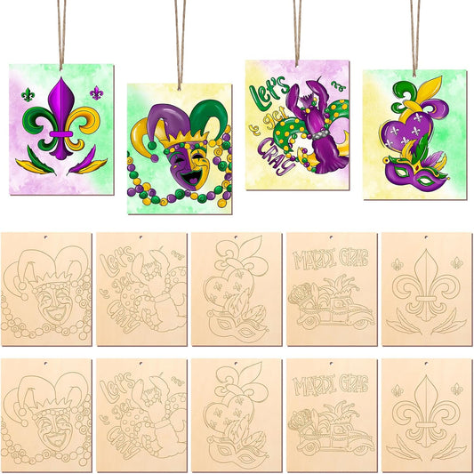 COCHIE 10 Pieces Large Mardi Gras Unfinished Wood Crafts to Paint for Adults and Kids, Bulk Predrilled Wooden Ornaments for Painting, Butterflies Paintable Wood Slices Craft Supplies with Ropes