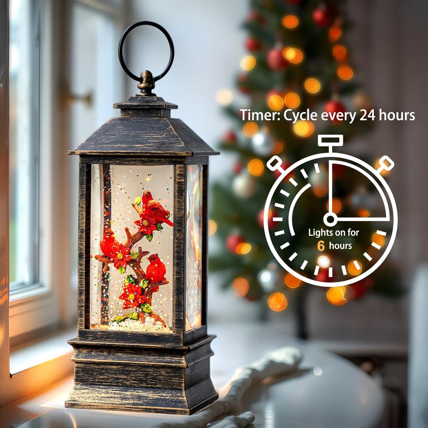 Christmas Snow Globe Lantern Indoor Decor Cardinal with Music,6H Timer,USB Lined/Battery Operated Lighted Lantern for Christmas Festival Decoration Giftsts