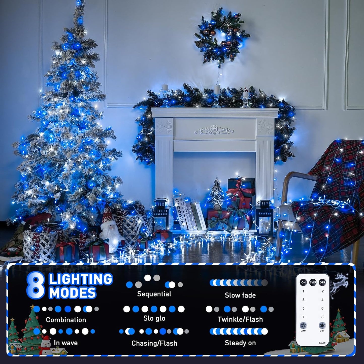 JMEXSUSS Blue and White Christmas Lights Outdoor with Remote, 600 LED String Lights Indoor Clear Wire, 168ft Christmas Fairy Lights Plug in for Bedroom Tree Birthday Party Christmas Decorations