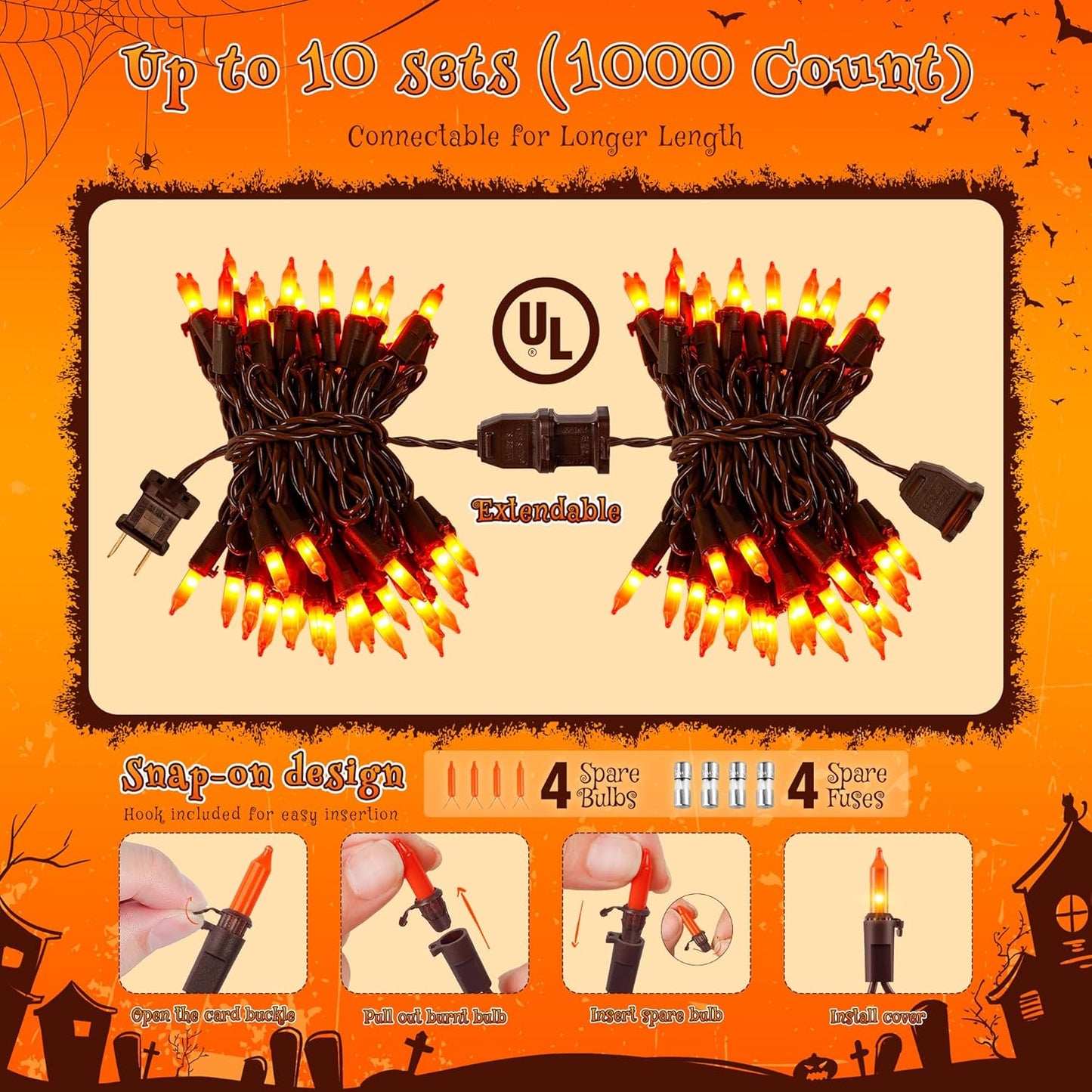 YOUNGAR Orange Halloween & Christmas Lights - 13FT, 50 UL Approved, Incandescent Mini Lights with Brown Wire, Plug in for Indoor & Outdoor Tree, Patio, Garden Xmas Decor