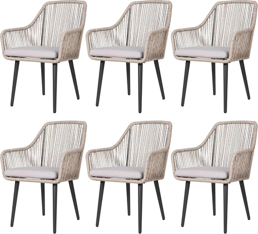 Patiorama Outdoor Dining Chairs, Patio Dining Chair Set of 6, All-Weather Woven Rope Rattan Chairs, Outdoor Dining Wicker Chairs with Armrests for Indoor Balcony Pool Backyard(Tan)