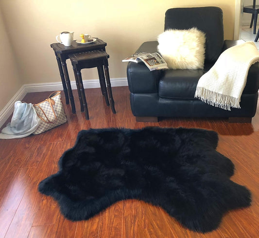 LAMBZY Faux Sheepskin Hypoallergenic Free Shape Silky Shag Rug, Luxury Shaggy Plush Carpet for Bedrooms Living Room Kids Rooms Sofa Floor Rugs (Double Side by Side 3'x4', Black)