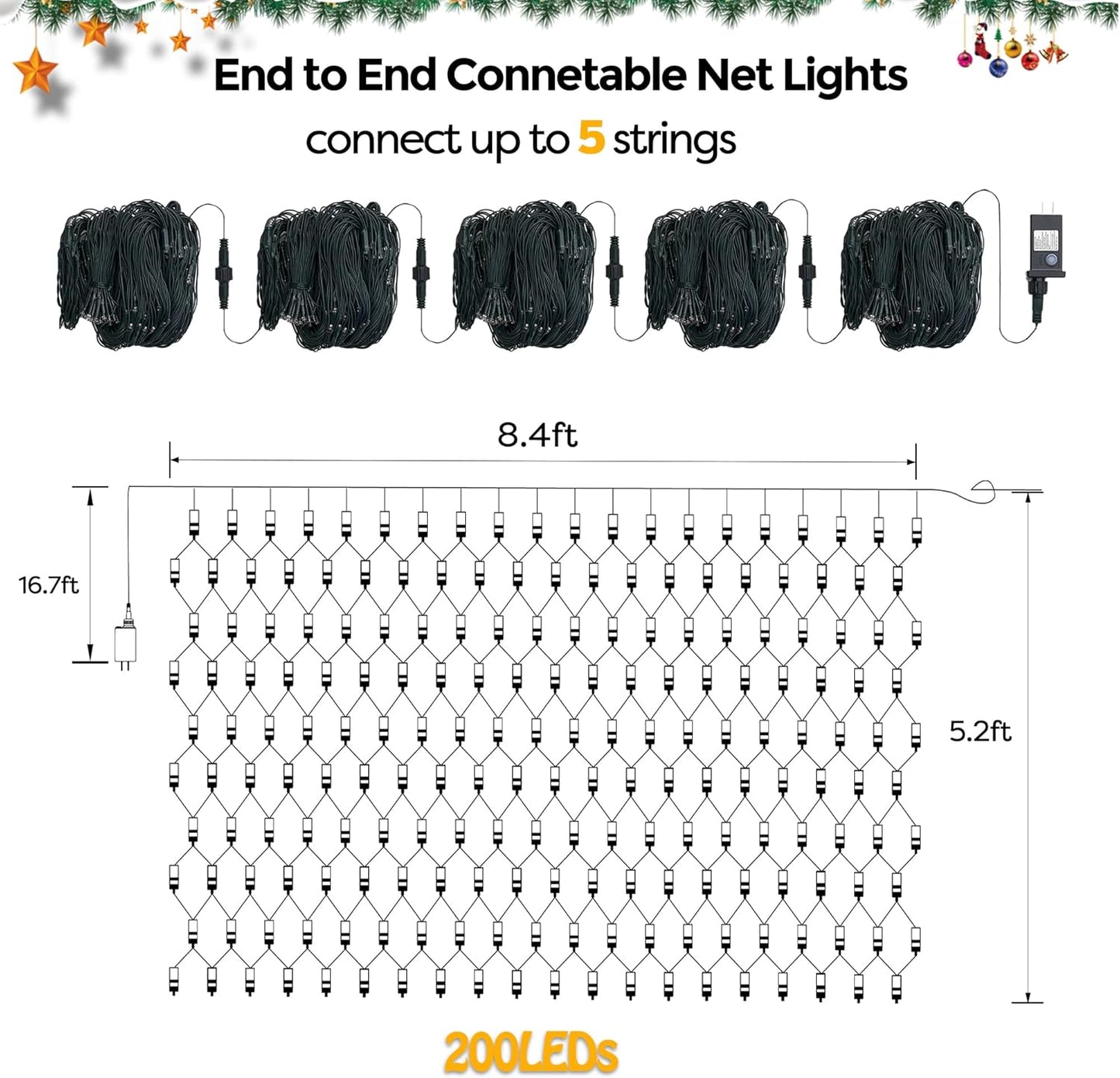 WBao Christmas Net Lights, 200LED 8.4ft x 5.2ft Christmas Lights with 8 Modes, Timer, End to End Connectable, Waterproof Design for Lawn, Bushes, Trees Outdoor Xmas Decorations, Cool White