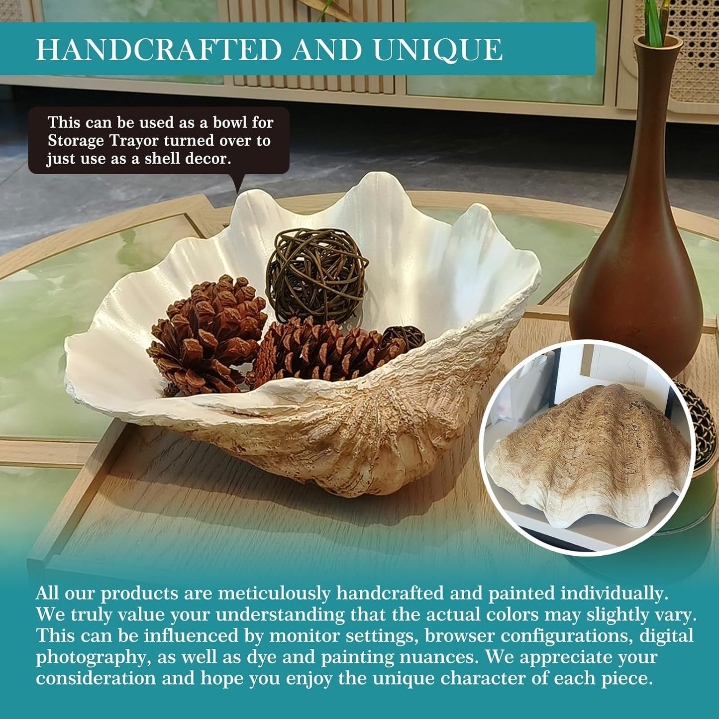 Large EarthTan-White Sea Shells Decorative Bowl Resin Clam Shell Bowl Beach Decorations for Home Coastal Beach Decor Decoration Storage Bowls & Home Office Nautical Themed Party Decor -10.2"-1PC