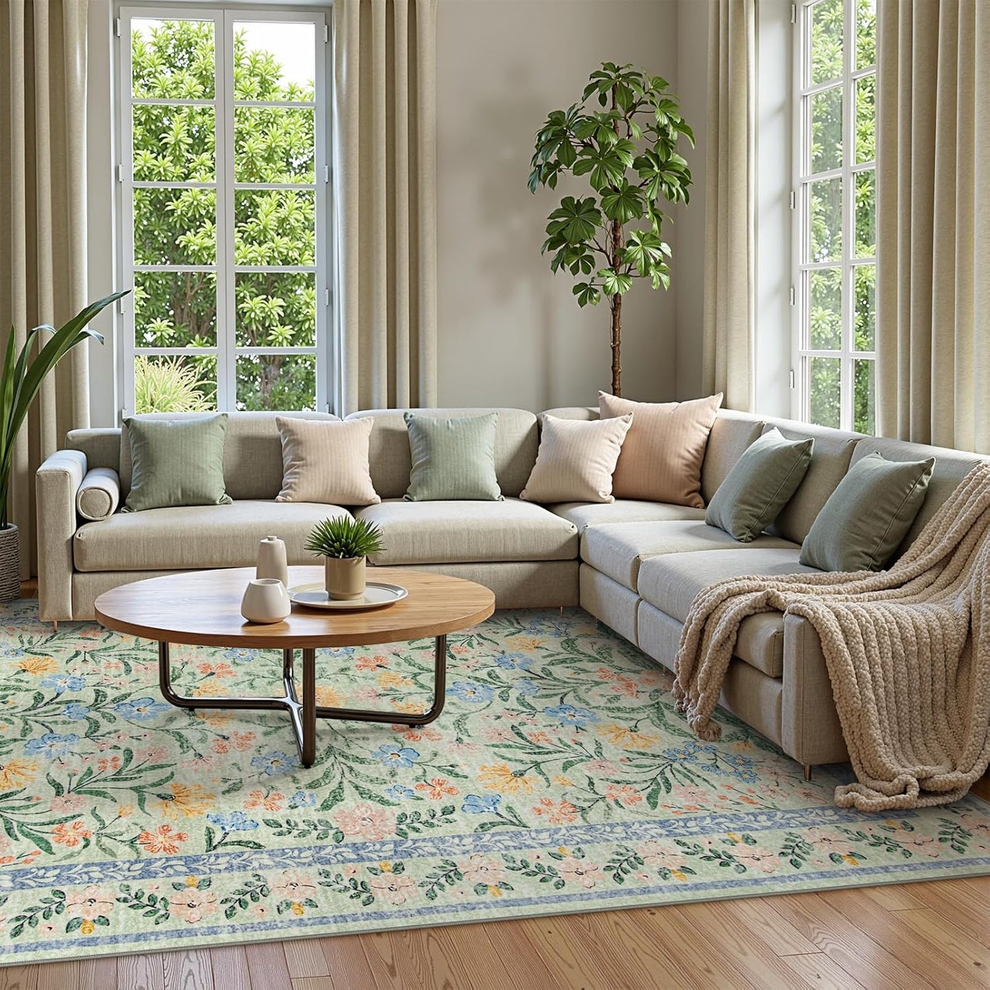 Wonnitar 10x14 Machine Washable Area Rugs, Green Floral Large Rugs for Living Room, Ultra-Thin Foldable Boho Flower Print Bedroom Carpet for Dorm Apartment Office