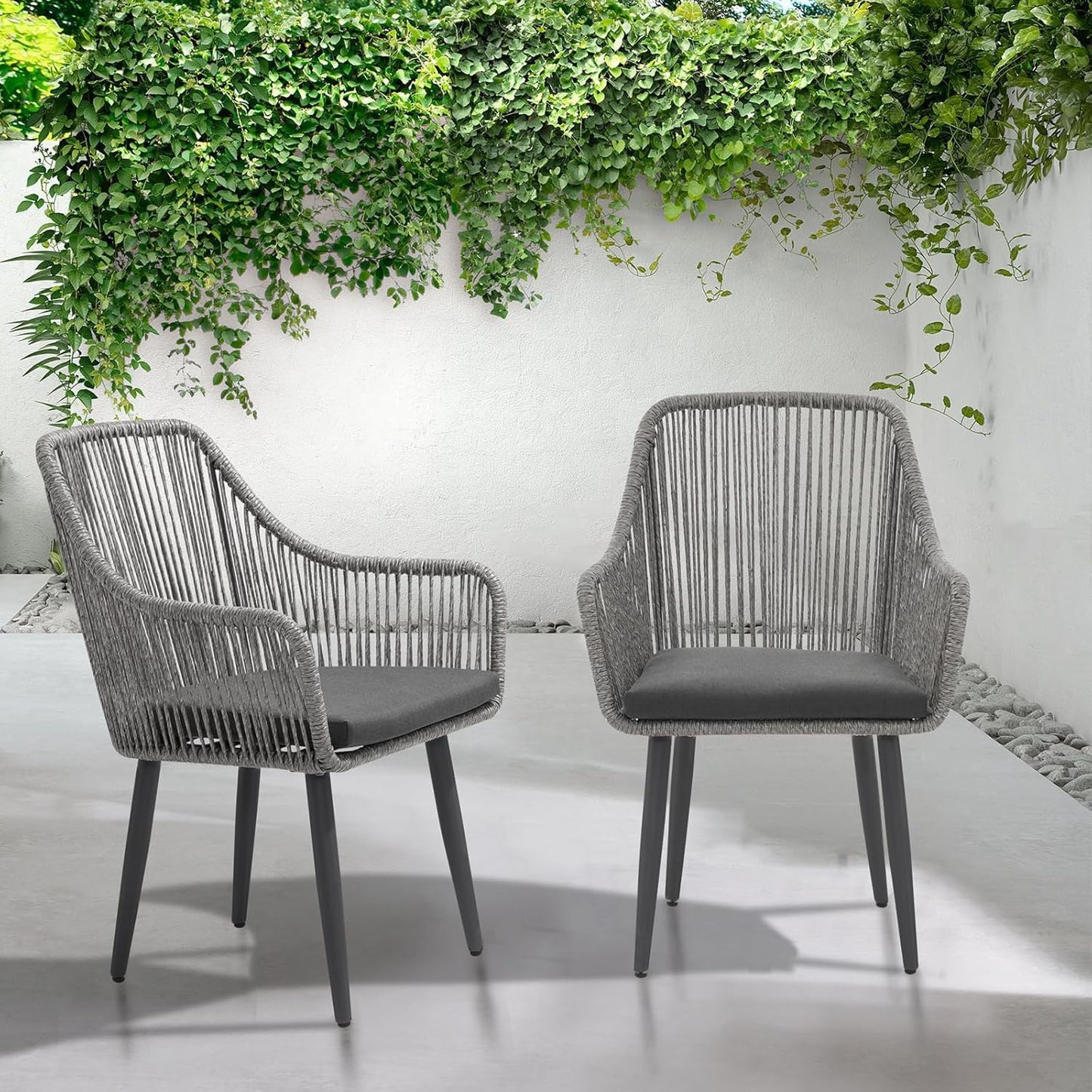 Patiorama Outdoor Dining Chairs, Patio Dining Chair Set of 6, All-Weather Woven Rope Rattan Chairs, Outdoor Dining Wicker Chairs with Armrests for Indoor Balcony Pool Backyard(Gray)