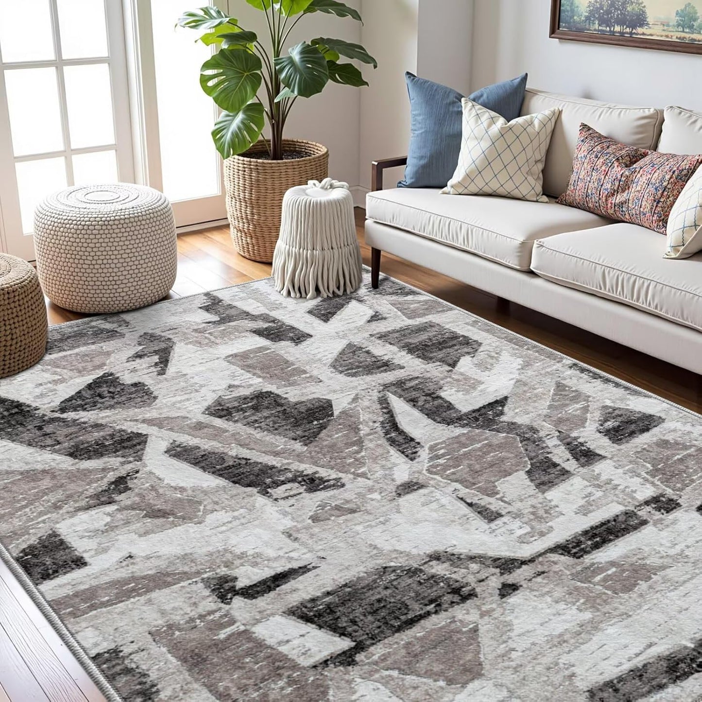Modern Abstract 8X10 Area Rug for Living Room Bedroom Washable, with Non-Slip Rubber Backing Print Faux Wool Thin, Grey Throw Large Carpet for Kids Playroom Dining Room Pet & Child Friendly
