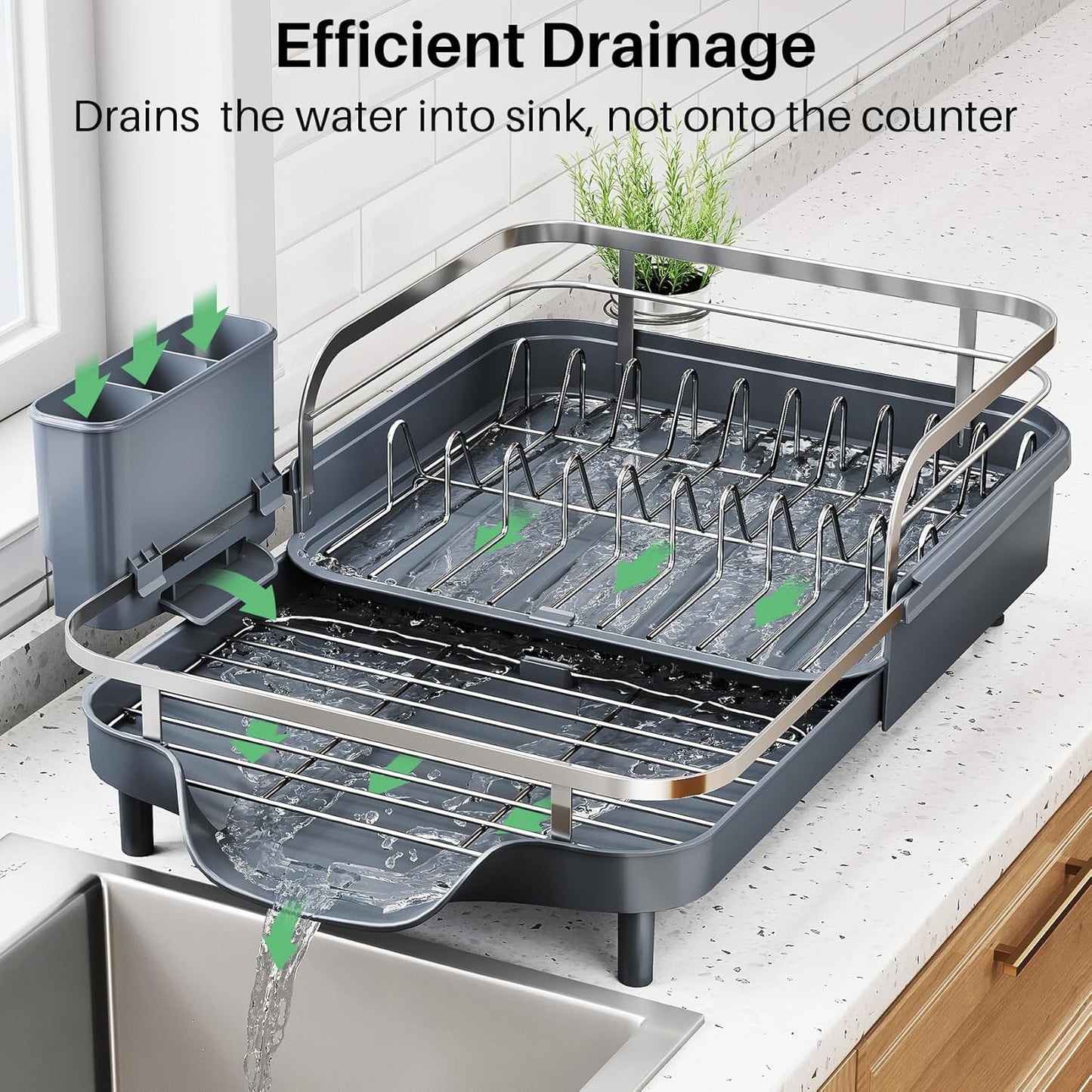 Dish Drying Rack, Expandable Dish Rack for Kitchen Counter, Stainless Steel Dish Drainer with Drainboard Set and Utensil Holder (Gray)