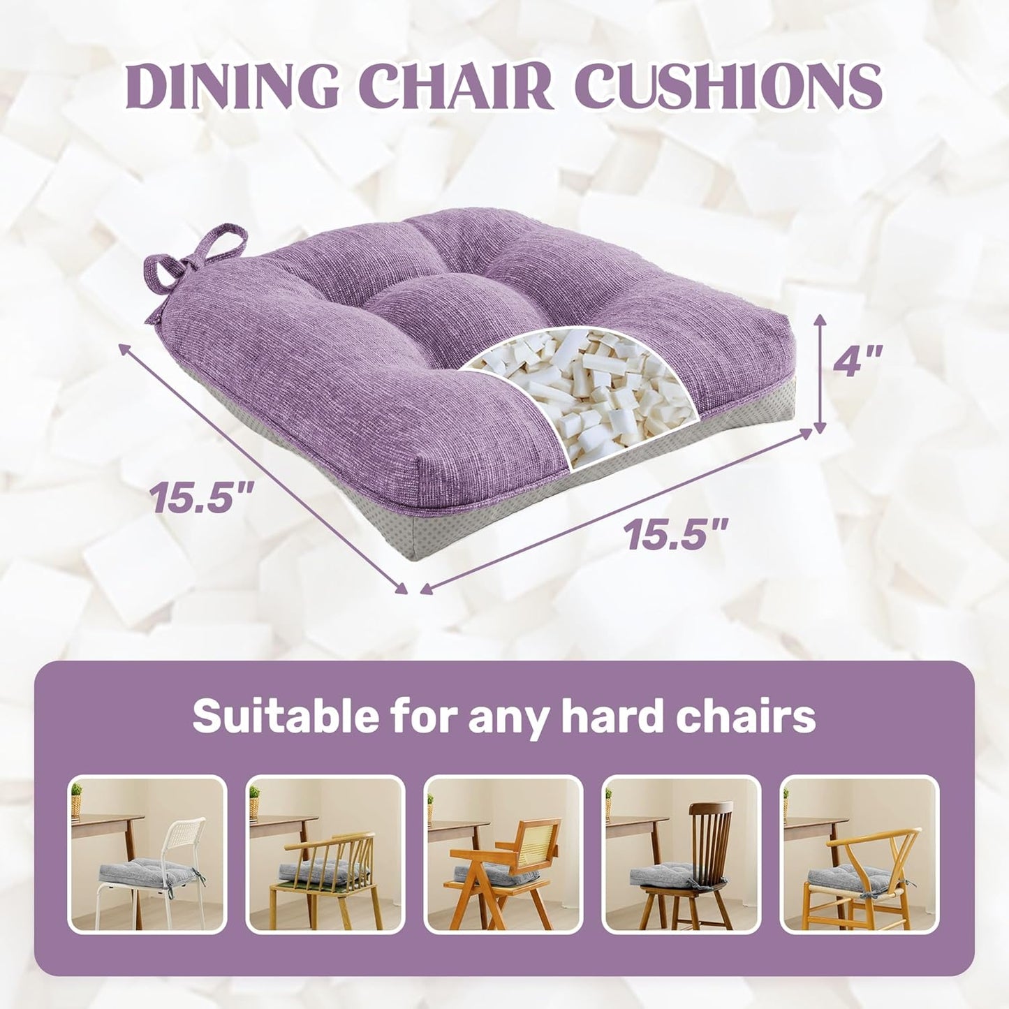 puredown® Chair Cushions for Dining Chairs, Tufted Memory Foam Chair Pads with Non-Slip Backing, Kitchen Seat Cushions with Ties, Washable Seat Pads Set of 4, 15.5" x 15.5" x 4", Purple