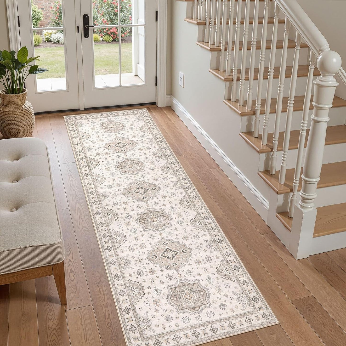 Washable 2x6 Runner Rug - Area Rugs Neutral Vintage Distressed Floral Farmhouse Boho Large Soft Floor Rug Indoor Carpet for Hallway Entryway Bedroom Kitchen - Beige Brown