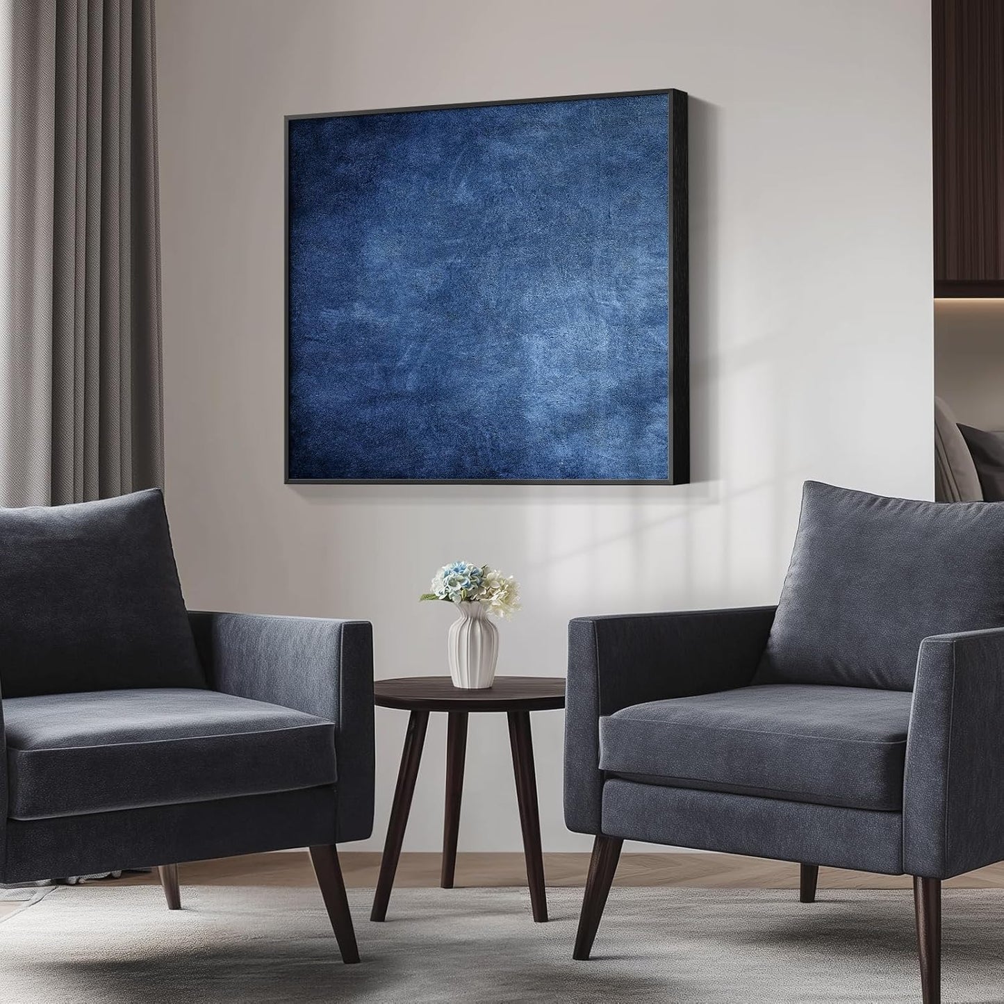 Large Framed Navy Blue Modern Abstract Wall Art for Living Room, Canvas Paintings Artwork for Walls, Minimalist Blue Art Prints Pictures for Hallway, Bedroom, Office Wall Decor -30x30 Inch