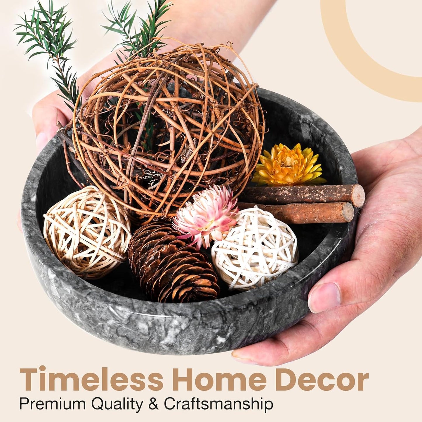 Marble Decorative Bowl - 7.5" Natural Black Solid Marble Centerpiece - Handmade Stone Fruit Bowl - Catch-All or Key Bowl for Kitchen - Modern Minimalist Decor