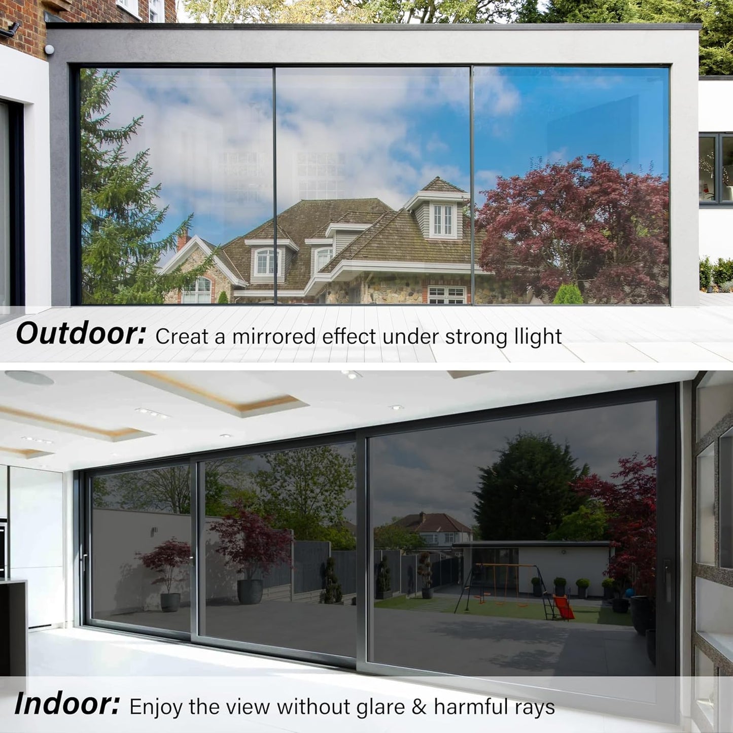 Kromapolis One Way Window Privacy Film Reflective Mirror Home Window Tint, Daytime Privacy Heat Control Anti UV Glass Tinting Static Cling (Black-Silver, 45.2 x 78.7 inch)