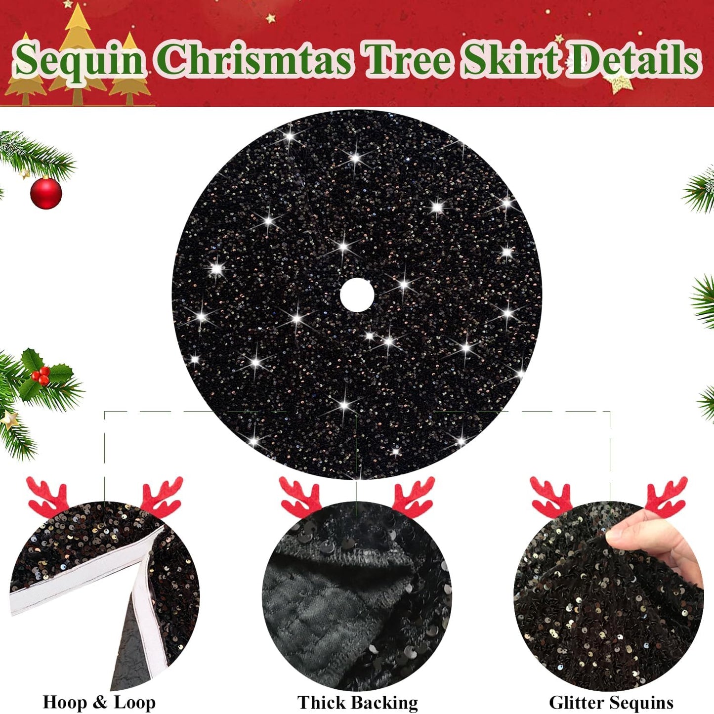 MODFUNS Black Christmas Tree Skirt 60 Inch Glitter Sequin Large Xmas Tree Mat Velvet Halloween Tree Skirt Unique Shiny Xmas Tree Skirt Cover for Christmas Tree New Year Merry Christmas Ornament