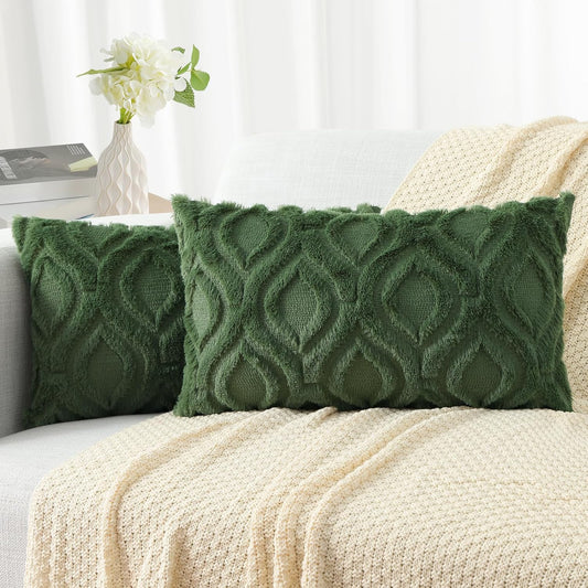 decorUhome Throw Pillow Covers 12x20 Inch Set of 2, Soft Plush Decorative Faux Fur Forest Elf Solid Couch Pillow Covers, Accent Farmhouse Neutral Lumbar Euro Pillow Cases for Sofa Bed Living Room