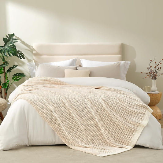 Snuggle Sac Cream Waffle Blanket for Couch Bed Sofa 60x80 inches, Reversible Beige Soft Throw Microfiber Fluffy Fuzzy Cozy Knit Twin Blanket for Women Mothers Birthday Gifts