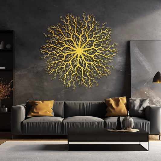Tree of Life Metal Wall Art, Metal Tree Wall Art, Large Round Sculpture, Round Branch Wall Decor, Large Branch Artwork, Nature Sign, Wall Decor for Living Room, Housewarming Gift (Gold, 24"x24"|60x60cm)