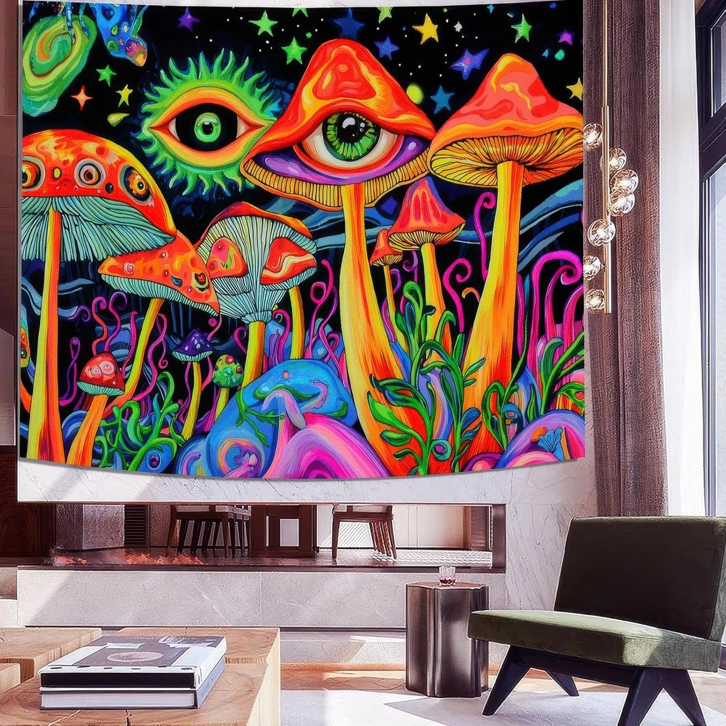 BlissYard Blacklight Tapestry Mushrooms Tapestry for Bedroom Uv Reactive Tapestry 78x59 Inches Cosmic Mushrooms Wall Hanging, Fluorescent Art Decoration with Eyes, Stars, and Psychedelic Design
