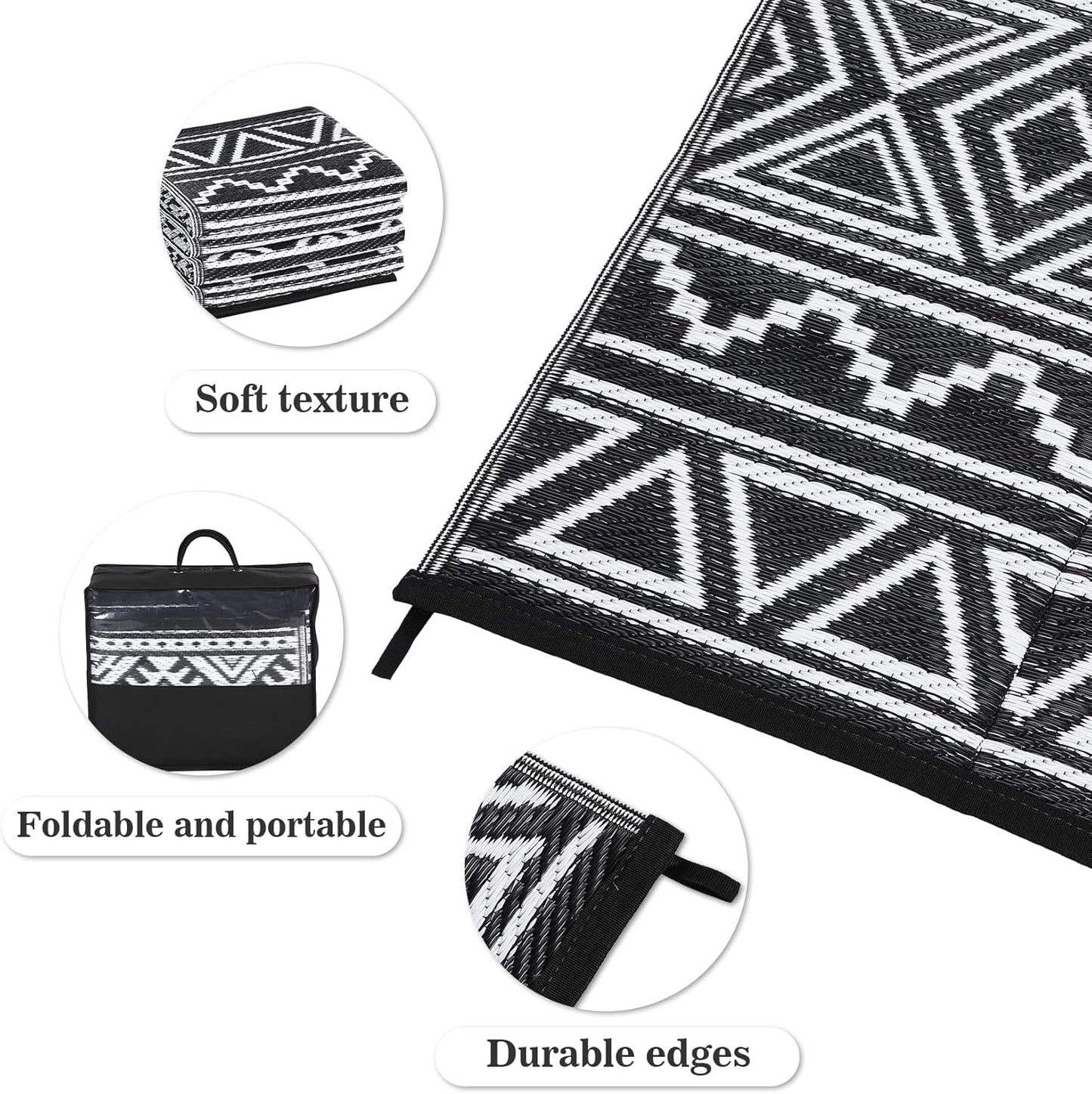 GAOMON Outdoor Rug Waterproof 8'x10', Reversible Outdoor Plastic Straw Rug, Boho Patio Rug, Indoor Outdoor Carpet, RV Mat Outside for Patio, Camp, Picnic, Balcony, Deck, Black/White(Bohemia)
