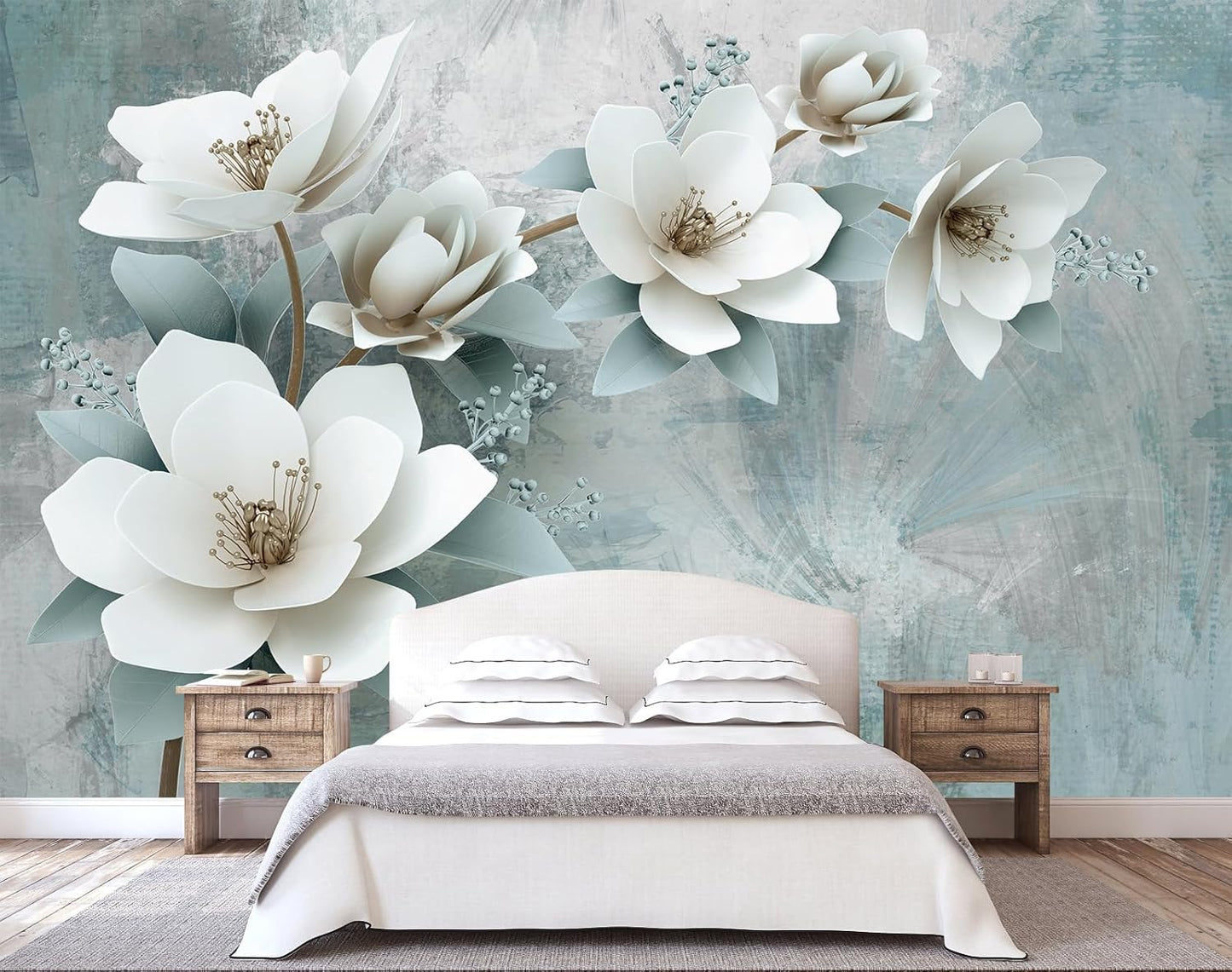 WFBHUA-Green Floral Wallpaper Mural Modern Large 3D Art Flower Wallpaper for Living Room Bedroom Bathroom Wall Mural(Not Peel and Stick)