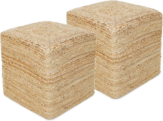 REDEARTH · Cube Pouf Foot Stool Ottoman - Jute Braided Pouffe Poof Accent Sitting - Set of 2 Footrest for The Living Room, Bedroom, Nursery, Patio, Lounge, Office - 14.5”x14.5”x16” - Natural
