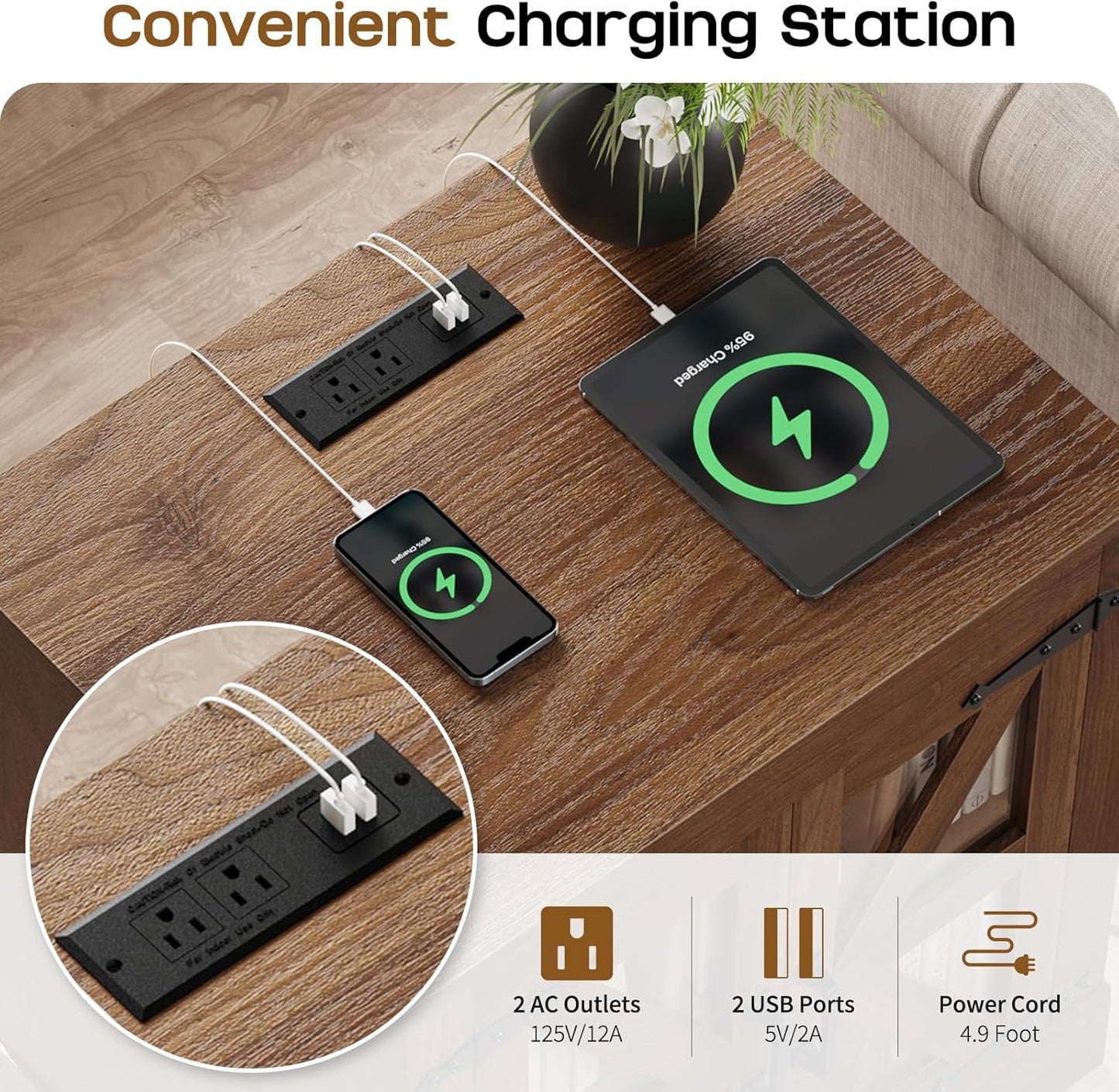 Farmhouse Side Table - 24" Large Night Stand Set 2, Wood Nightstand with Charging Station, Bedside Table with Adjustable Shelf, End Tables Living Room, Rustic Bed Side Tables Bedroom, Walnut